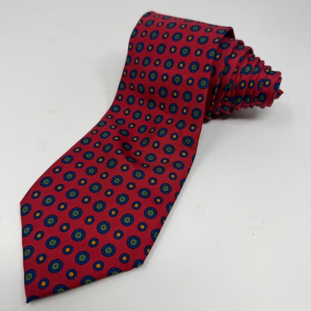 Lauren Ralph Lauren Mens Silk Tie Red Blue Green Medallion Geometric Hand Made